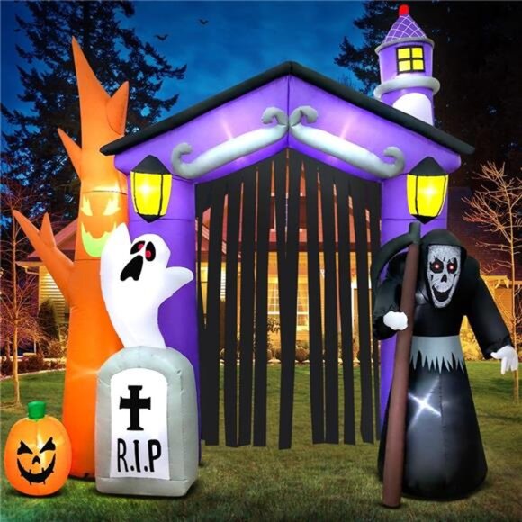 9 FT Halloween Inflatables Haunted House Castle Archway Decoration with Led - Picture 6 of 7